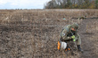 KHARKIV REGION, UKRAINE - OCTOBER 24, 2023 - An EOD expert remotely removes a mine as a co...