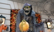 Halloween decorations cover the doorway and staircase of a Carnegie Hill townhouse in New...