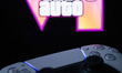 GTA VI logo from the trailer displayed on a laptop screen and PlayStation DualSense contro...