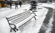 Snow is covering a bench in winter in Kyiv, Ukraine, on December 14, 2023. NO USE RUSSIA....