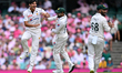 Pakistan's paceman Mir Hamza (L) is celebrating the wicket of Australia's Steve Smith duri...
