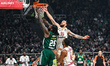 Mathias Lessort, number 26 of Panathinaikos AKTOR Athens, is competing with Mike James, nu...