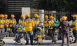 Many Meituan food delivery workers are lining up to make preparations in Shanghai, China,...