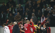 Benfica's team celebrate their victory at the end of the during the Portuguese League  foo...
