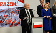 Jaroslaw Kaczynski, the leader of the Law and Justice political party, gives a press confe...