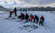 Skiers are taking a rest at the snow-covered famous ski resort in Gulmarg, Jammu and Kashm...