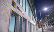 Microsoft logo at the building of the offices of Microsoft Technology Center Brussels in R...