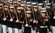 A U.S. Marine honor guard participates in a ceremony hosted by President Joe Biden and Fir...