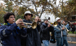 Musicians are participating in the International Workers' Day march in Santiago, Chile, on...