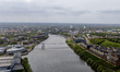 An aerial view of the Infinity Bridge is being shown in Stockton-on-Tees, County Durham, E...