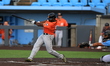 Jackie Bradley Jr., #5 of the Long Island Ducks, is batting during the second inning of a...