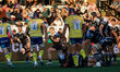 Cameron Hutchison of Newcastle Falcons is looking to take a pass as the Falcons attack dur...