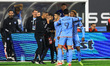 New York City FC forward Monsef Bakrar #9 is being congratulated by teammates after scorin...