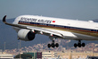 An Airbus A350-941 from Singapore Airlines is landing at Barcelona airport in Barcelona, S...
