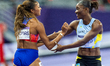 Gabrielle Thomas of the United States is congratulated for Julien Alfred of Team Saint Luc...