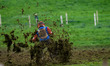 Dave Mears (19) kicks up some dirt in the 350cc Upright Class during the ACU British Uprig...