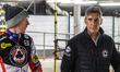 Belle Vue Aces' Dan Bewley (left) with Belle Vue Aces' Team Manager Mark Lemon during the...