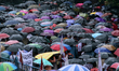 Citizens hold umbrellas and attend a protest rally against the rape and murder of a PGT wo...