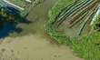 Aerial view of farmers cultivating vegetables on floating gardens in Nazirpur, Pirojpur, B...
