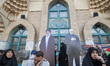 Effigies of Lebanon's Hezbollah Secretary General, Hassan Nasrallah, and former commander...