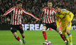 Leeds United's Brenden Aaronson takes on the Sunderland defense during the Sky Bet Champio...