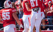 The Wisconsin Badgers celebrate a Cade Yacamelli #25 touchdown against the Purdue Boilerma...