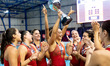 The Olympiacos team celebrates its win after the match Olympiacos vs. National Piraeus dur...