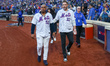 2015 NLCS Champion Matt Harvey throws out the ceremonial first pitch to fellow 2015 NLCS C...