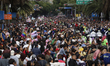 Dozens of people dressed in costume participate in the Zombie March in Mexico City, Mexico...