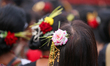 A member of the aboriginal Newa: community of Kathmandu participates in a parade marking t...