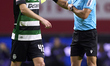 Morten Hjulmand of Sporting CP discusses with referee Luis Godinho during the Liga Portuga...