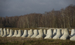 Anti-tank concrete fortifications are pictured at the Polish-Russian border in Dabrowka, P...
