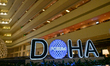 The Doha Forum logo is inside the Sheraton Grand Doha Resort & Convention Hotel in Doha, Q...