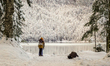 Hikers are at Eibsee in Grainau, Bavaria, Germany, on December 13, 2024. The lake is locat...