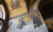 Byzantine mosaic inside the Hagia Sophia Grand Mosque, featuring depictions of Christ Pant...