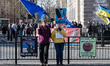 LONDON, UNITED KINGDOM - FEBRUARY 05, 2025: Pro-EU demonstrators hold flags and placards a...