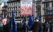 LONDON, UNITED KINGDOM - FEBRUARY 05, 2025: Pro-EU demonstrators hold flags and placards a...
