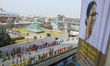 The large hoarding of the West Bengal Chief Minister is displayed during the Bengal Global...