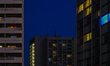 A night view of apartment buildings on Prager Strasse in Dresden, Saxony, Germany, on Marc...