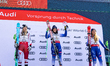 Italy's Frederica Brignone (middle) earns her first overall downhill title at the 2025 Aud...