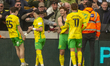 Josh Sargent of Norwich City celebrates the team's first goal during the Sky Bet Champions...