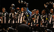 Newcastle United's Bruno Guimaraes leads songs during the Newcastle United Carabao Cup Win...