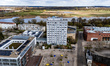 This drone view shows the city center with a building of the Europe University in Frankfur...