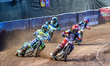 Belle Vue Aces' Zack Cook in red rides inside Oxford Spires' Charles Wright in white, with...