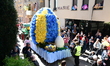 Giant eggs sit on a tractor during the Easter Egg Festival parade in the village of Montro...