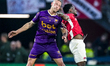 Go Ahead Eagles defender Gerrit Nauber and AZ Alkmaar forward Jayden Addai play during the...