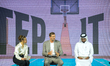Former Germany national team captain Dirk Nowitzki (C) speaks during the FIBA Basketball W...