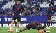 Robert Lewandowski and Raphinha Dias train during the match between RCD Espanyol and FC Ba...