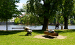 A person rests on a bench in the shade of trees along the Vltava River, with a stroller an...