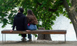 A young couple sits closely together on a wooden bench under a green chestnut tree, viewin...